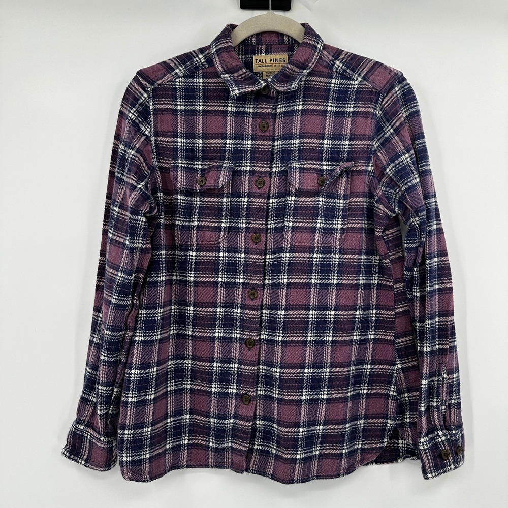 Tall Pines Woolrich Womens Purple Plaid Flannel Button Down Shirt Medium Cabin